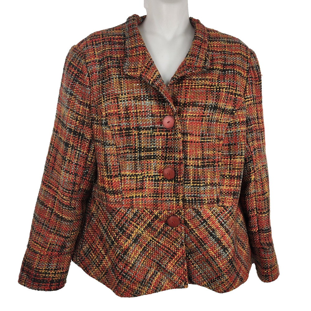 Coldwater Creek Petite Womens Blazer P14 Peplum Tweed Red Black Button Up Lined